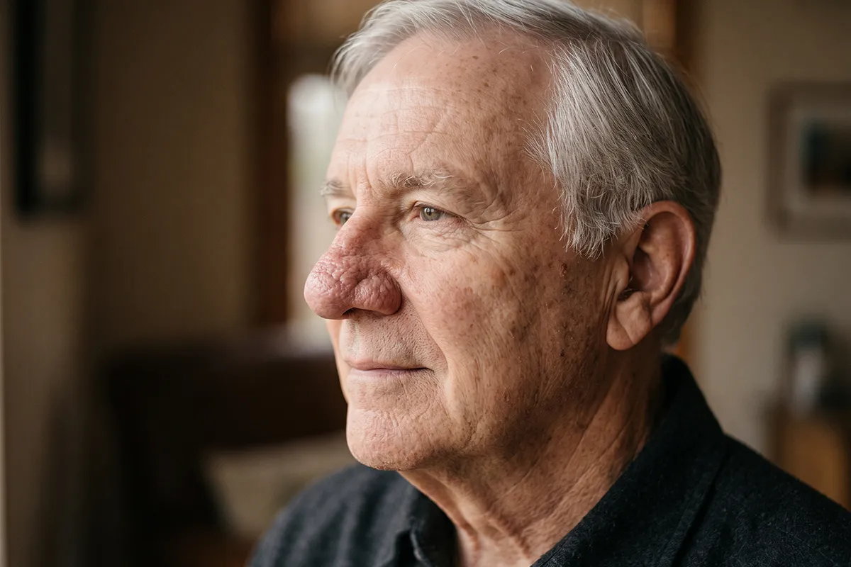 Portrait de profil d'un homme âgé aux cheveux gris présentant un nez volumineux, rouge et irrégulier évoquant un rhinophyma.