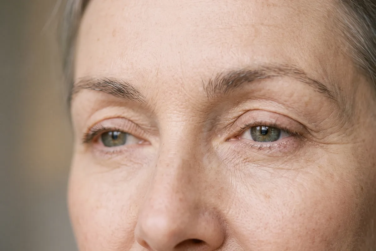 Gros plan sur les yeux d'une femme mature présentant des ridules sous les paupières et des rides au coin des yeux.