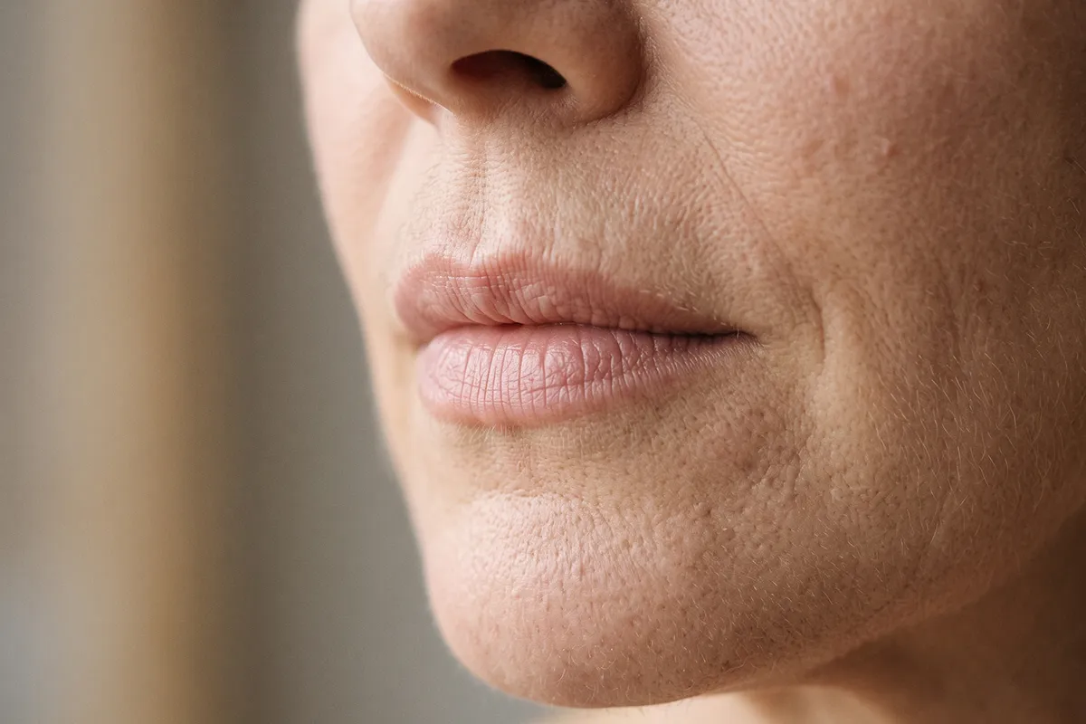 Gros plan sur la bouche et le menton d'une femme présentant des rides verticales autour des lèvres et des sillons nasogéniens.