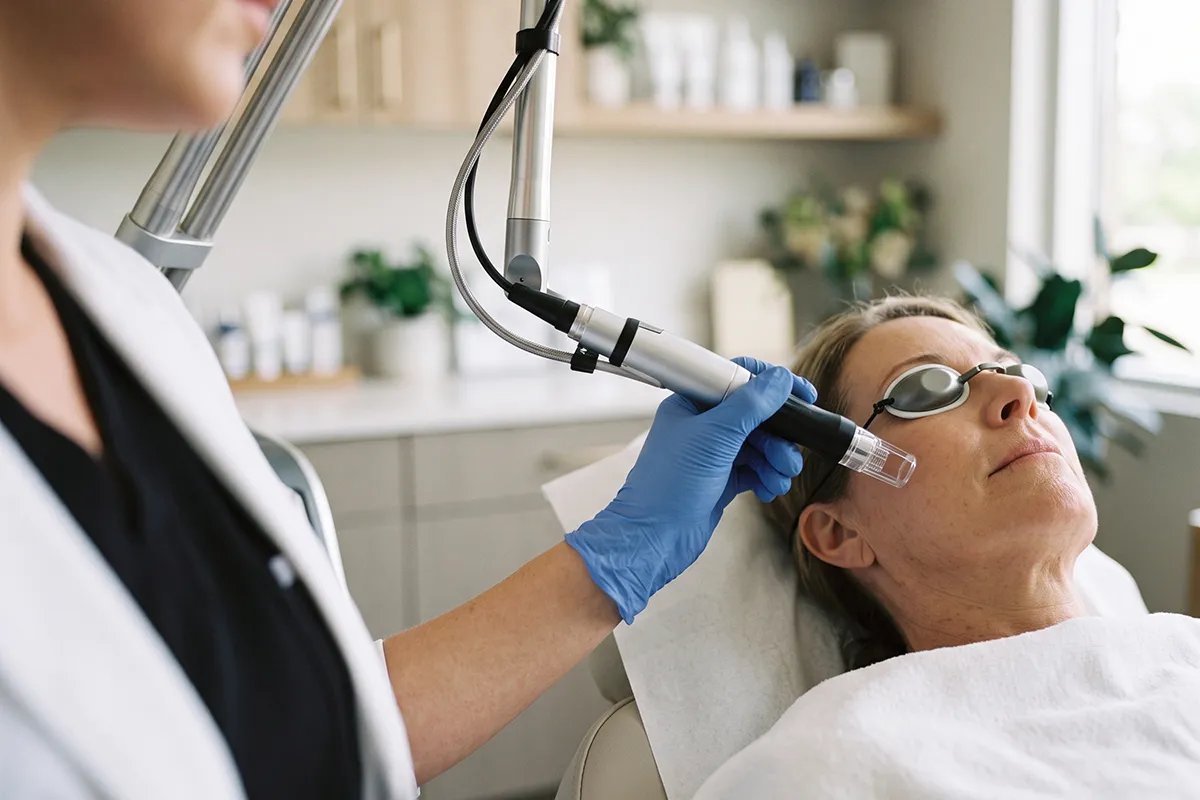 Praticienne réalisant un traitement laser sur la joue d'une femme allongée portant des lunettes de protection.
